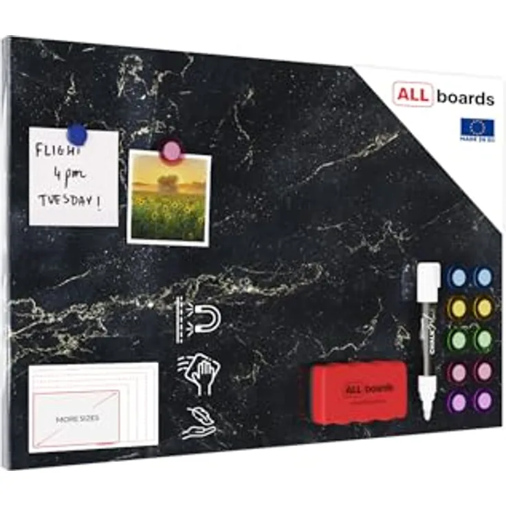 ALLboards Metallische Magnettafel SCHWARZER MARMOR 60x40cm, Memoboard mit 3D-Effekt und 10 farbigen Magneten