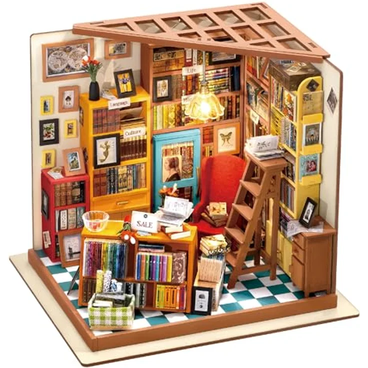 Rolife Sam's Study Miniatur Puppenhaus Kit, DIY Holz Bibliothek mit LED-Licht und Englischer Anleitung für Kinder und Jugendliche 14-17 Jahre – Bild 1