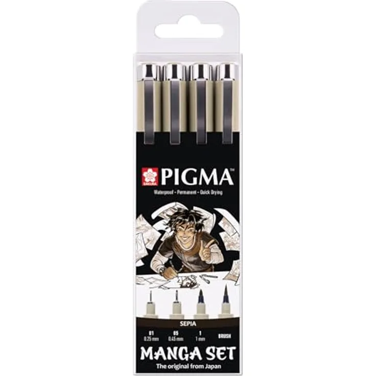 SAKURA Pigma Manga-Stifte-Set Sepia, 4 Stück mit wasserfester, permanenter Tinte, Fineliner und Pinselstift in verschiedenen Größen für Cartoons und Zeichnungen