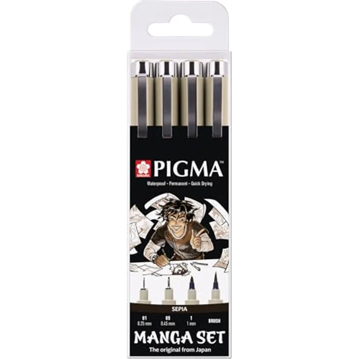 SAKURA Pigma Manga-Stifte-Set Sepia, 4 Stück mit wasserfester, permanenter Tinte, Fineliner und Pinselstift in verschiedenen Größen für Cartoons und Zeichnungen – Bild 1
