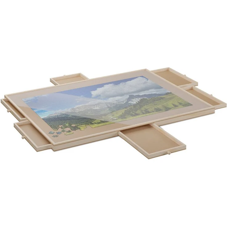 relaxdays Puzzleunterlage, drehbares Puzzlebrett mit 6 Schubladen und Platz für 1000 Teile, Naturfarben – Bild 1
