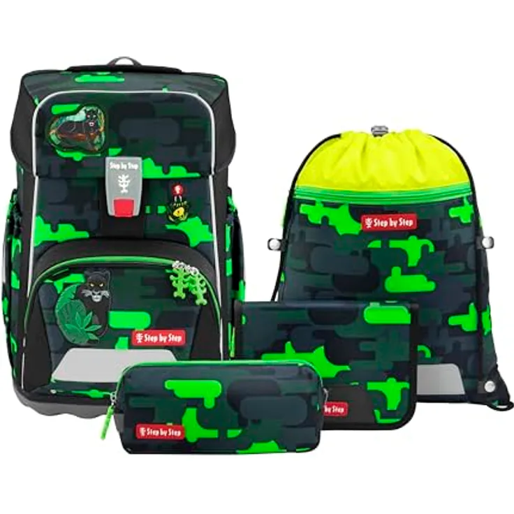 Step by Step Giant Schulranzen-Set „Black Cat Chiko“, ergonomischer Tornister, 5-teilig, grau-grün, 23 Liter, höhenverstellbar mit Hüft- und Brustgurt, inklusive reflektierenden Elementen und MAGIC MAGS