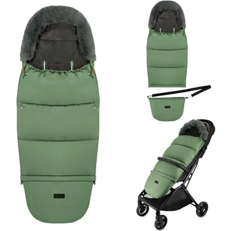 MoMi Fußsack 2 in 1, Kinderwagen- und Autositz-Fußsack, wasserabweisend, mit Kapuze und Fellbesatz, abnehmbares Fußteil, in beige, schwarz oder grün