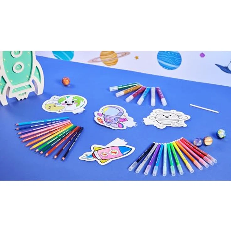 BIC Kids Aufblasbares Spielzeug Set, Malen im Weltall Motiv mit 12 Evolution Buntstiften, 12 Kid Couleur Filzstiften, 6 Glitzerklebern und 4 aufblasbaren Spielzeugen – Bild 5