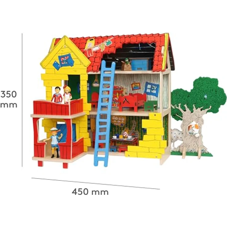 Pippi Langstrumpf Villa Kunterbunt Puppenhaus Bausatz aus Holz – 2-stöckiges Miniatur Haus – Spielzeug ab 4 Jahre – inkl. Veranda, Türen, Holztreppe, Leiter und Spielmatte, umweltfreundlich (MDF-Holzwerkstoff, Pappkarton) - Schwedisches Design – Bild 4