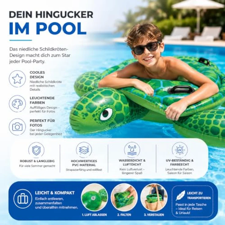 TK Gruppe Timo Klingler XXL Schildkröte aufblasbar Schwimmring, grün, Ø 150 cm, robuste Luftmatratze für Pool und Wasser, geeignet für Erwachsene und Kinder – Bild 4