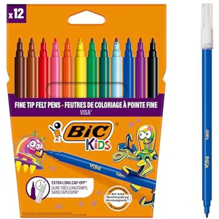 BIC Fasermaler KIDS Visa, 12er Set mit wasserbasierter Tinte, feiner Rundspitze, auswaschbar, austrocknungssicher