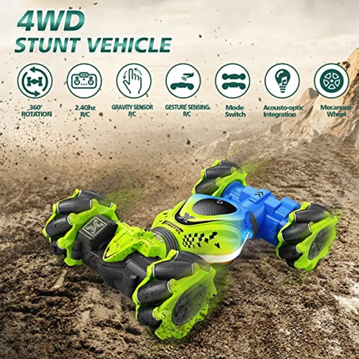 Pristar Ferngesteuertes Auto für Kinder, 4WD RC Stunt Car Ferngesteuerte Auto mit HandSteuerung, 2,4 GHz 360° Drehung Auto Car mit Musik und Beleuchtung Handgeführtes Stunt-Auto 2 Akku – Bild 3