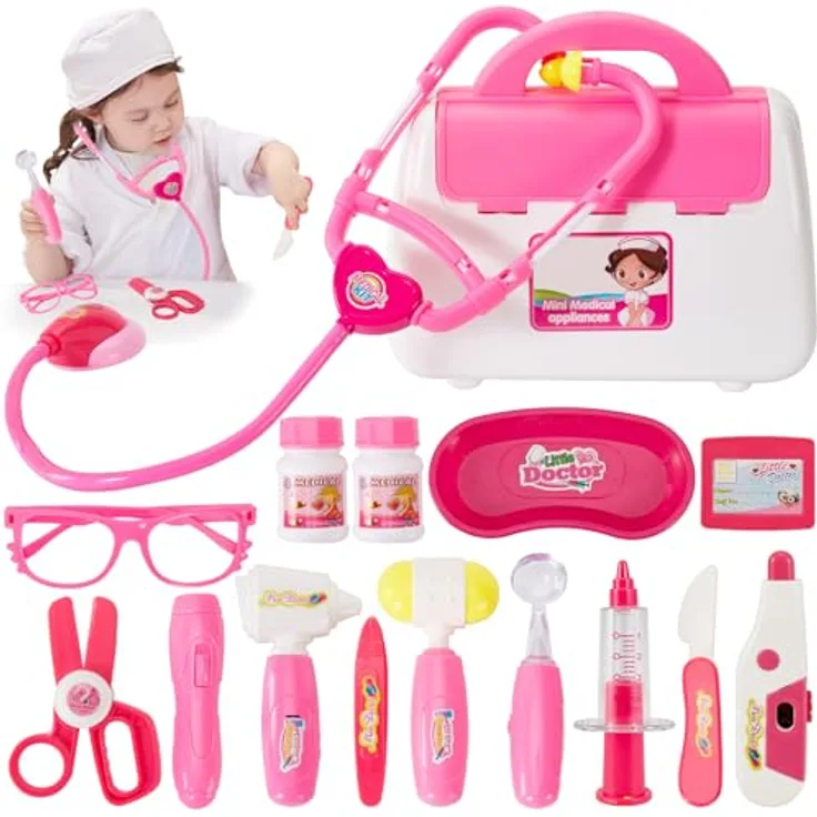 BUYGER Elektronischer Arztkoffer für Kinder ab 3 Jahre, Doktorkoffer mit Stethoskop, Spritze, Thermometer, rosa