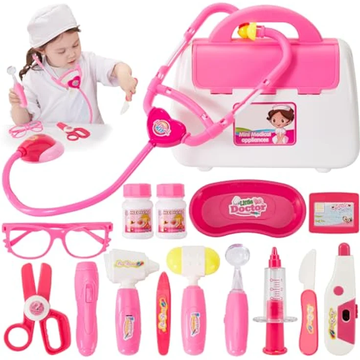 BUYGER Elektronischer Arztkoffer für Kinder ab 3 Jahre, Doktorkoffer mit Stethoskop, Spritze, Thermometer, rosa – Bild 1