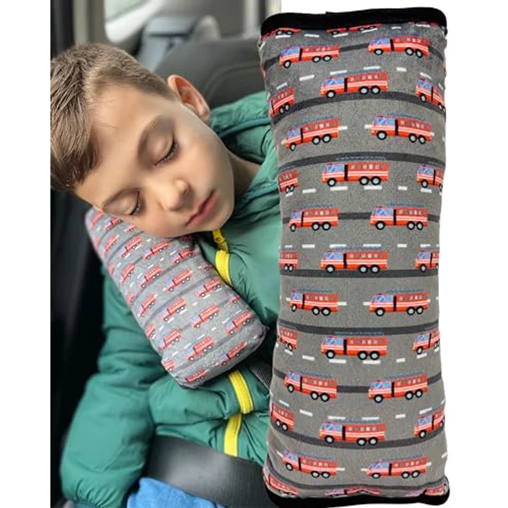 HECKBO Auto Schlafkissen für Kinder, Gurtpolster mit Feuerwehr, Polizei und Traktor Motiven, maschinenwaschbar, ergonomisch, farbenfrohes Design für Reisen und Sitzerhöhung – Bild 1