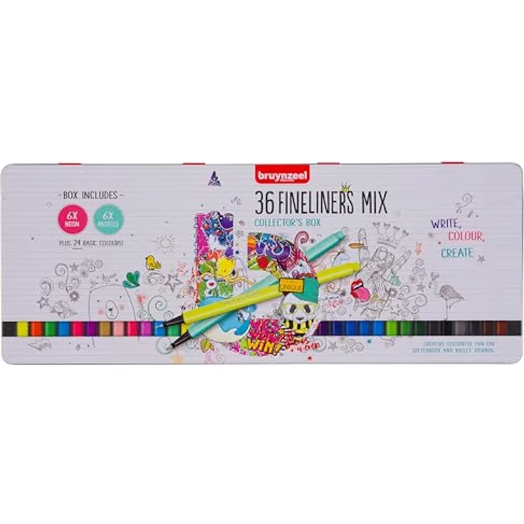 Bruynzeel Faserstift, wasserfest, 36er Set in Metall-Sammelbox