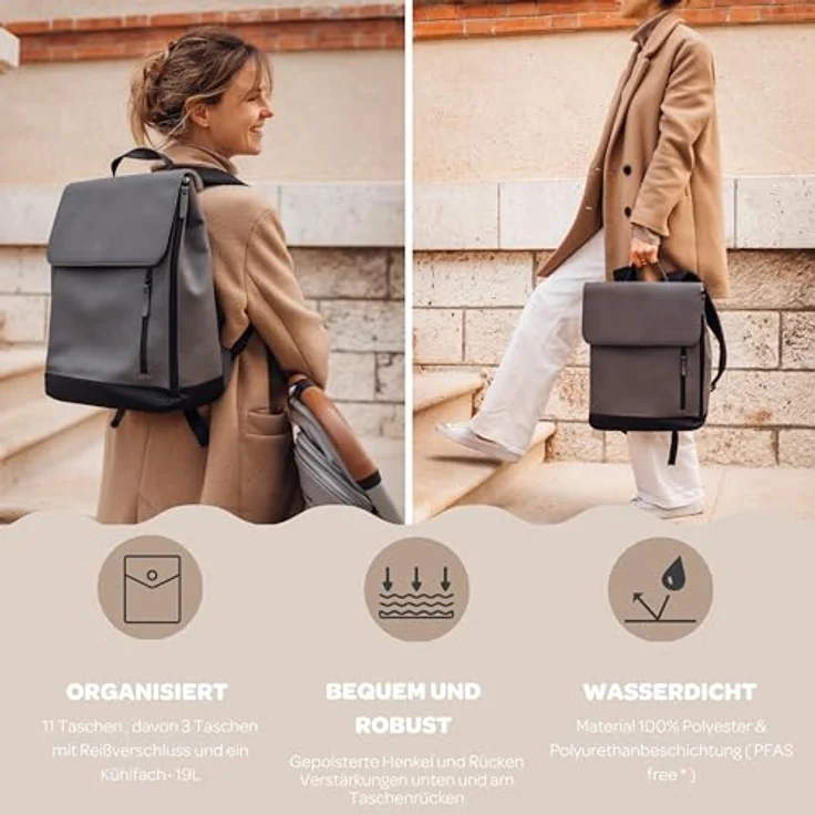 Beaba Oslo Wickelrucksack, 19 Liter mit 11 Taschen, isolierter Tasche und Halterungen für den Kinderwagen, wasserdicht, grau – Bild 5