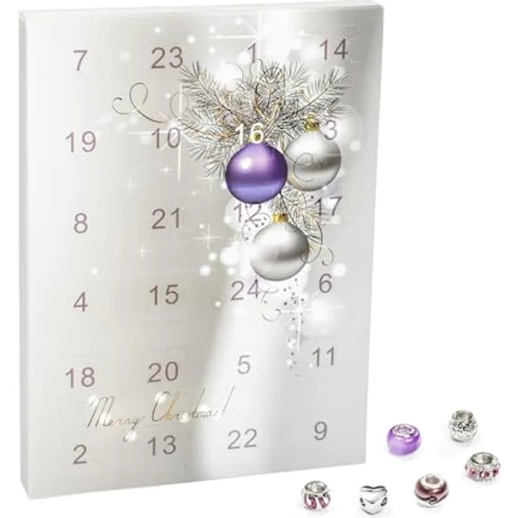 VALIOSA Merry Christmas Mode-Schmuck Adventskalender mit Halskette, Armband + 22 individuelle Perlen-Anhänger aus Glas & Metall, lila