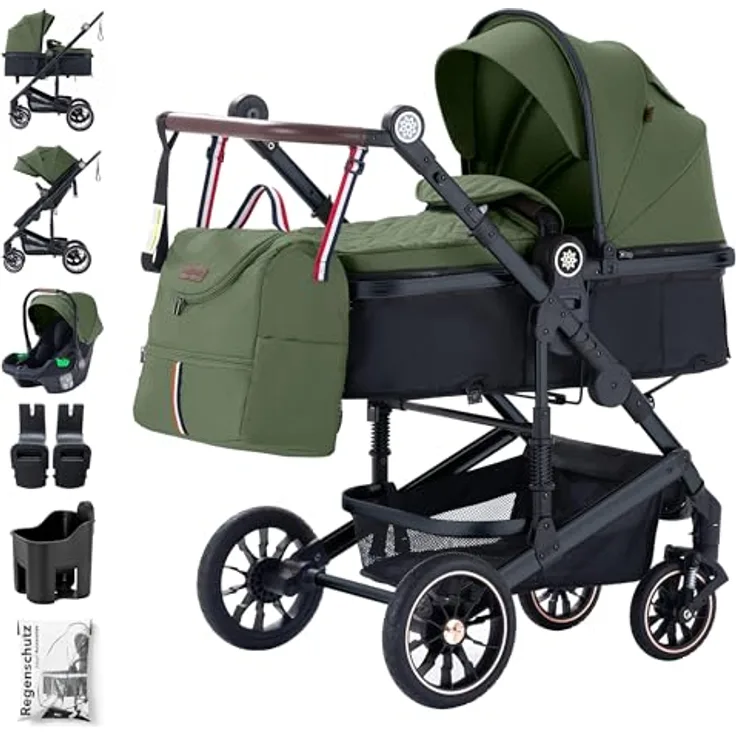 Daliya® NEOMOVE 3in1 Kinderwagen, Buggy & i-Size Babyschale | Alu-Rahmen | Faltbare Konstruktion | Pannensichere PU-Reifen | Großer Einkaufskorb | Stadt & Gelände (Schwarz-Olivgrün)