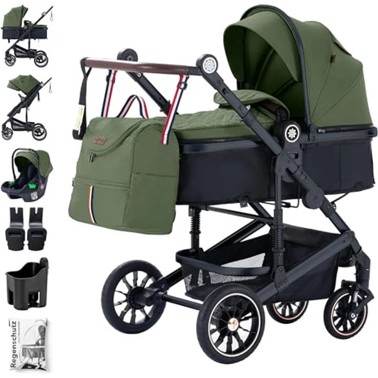 Daliya® NEOMOVE 3in1 Kinderwagen, Buggy & i-Size Babyschale | Alu-Rahmen | Faltbare Konstruktion | Pannensichere PU-Reifen | Großer Einkaufskorb | Stadt & Gelände (Schwarz-Olivgrün) – Bild 1