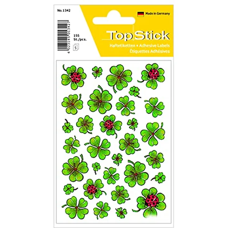 TopStick 1342 Sticker Glück, 10er Set (1.550 Aufkleber, Papier, matt) selbstklebende kleine Kleeblatt / Marienkäfer Deko-Sticker für Hochzeit, Geschenk, Geburtstag, Scrapbooking, Dekoration, grün