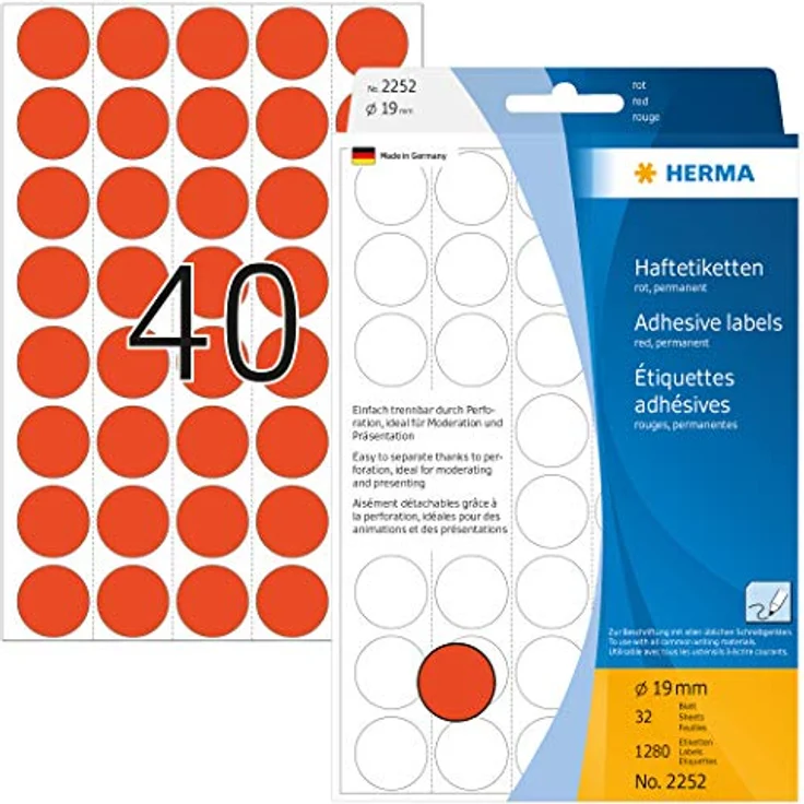 HERMA 2252 Punktaufkleber Klebepunkte perforiert rot, 1280 Stück, Ø 19 mm, 40 pro Bogen, selbstklebend, Markierungspunkte für Kalender Planer – Bild 1