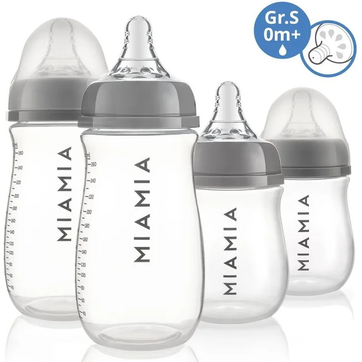 MiaMia Babyflasche PP-Flasche - Grau, 4er Pack Babyflasche 140 ml & 260ml + Silikon-Trinksauger Größe S - Idealer Alltagsbegleiter mit natürlicher Trinkgefühl