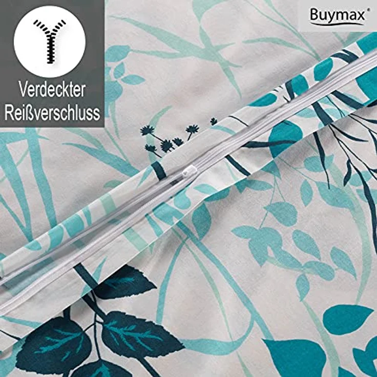 Buymax Bettwäsche 200x200 Baumwolle 3-Teilig Bettgarnitur mit Bettbezug und Kissenbezüge 80x80 Renforce Bettwäsche-Set Botanisch Blätter Zweige, Türkis Weiß Petrol – Bild 4