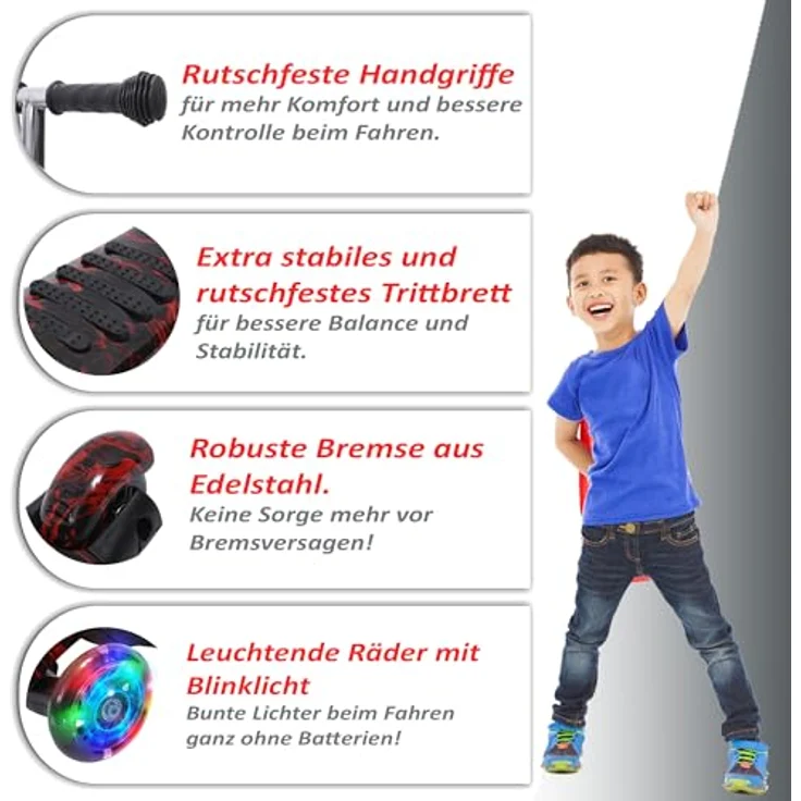 Habib Gruppe Kinderroller 3-Räder, Kinderscooter für Jungen & Mädchen 3-8 Jahre mit LED-Rädern, Höhenverstellung, rutschfest, max. 50 KG – Bild 4