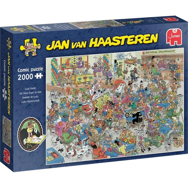 Jumbo Spiele JvH - Mensch ärger dich nicht 12, klassisches Brettspiel mit Abenteuer-Elementen und Jan van Haasteren-Motiven