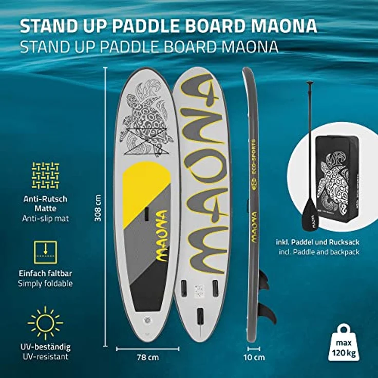 ECD Germany Aufblasbares Stand Up Paddle Board Maona, 308 x 78 x 10 cm, grau, PVC, bis 120 kg, inkl. Pumpe, Tragetasche, Zubehörset, SUP Board für Einsteiger und Fortgeschrittene – Bild 2