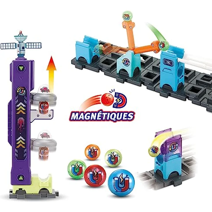 VTech - Marble Rush, Elektronische Kugelbahn, Space Magnetic Mission Set XL300E, magnetisches Bauspiel, 120 Stück, 10 Kugeln, Geschenk für Kinder ab 4 Jahren – Inhalt auf Französisch – Bild 4