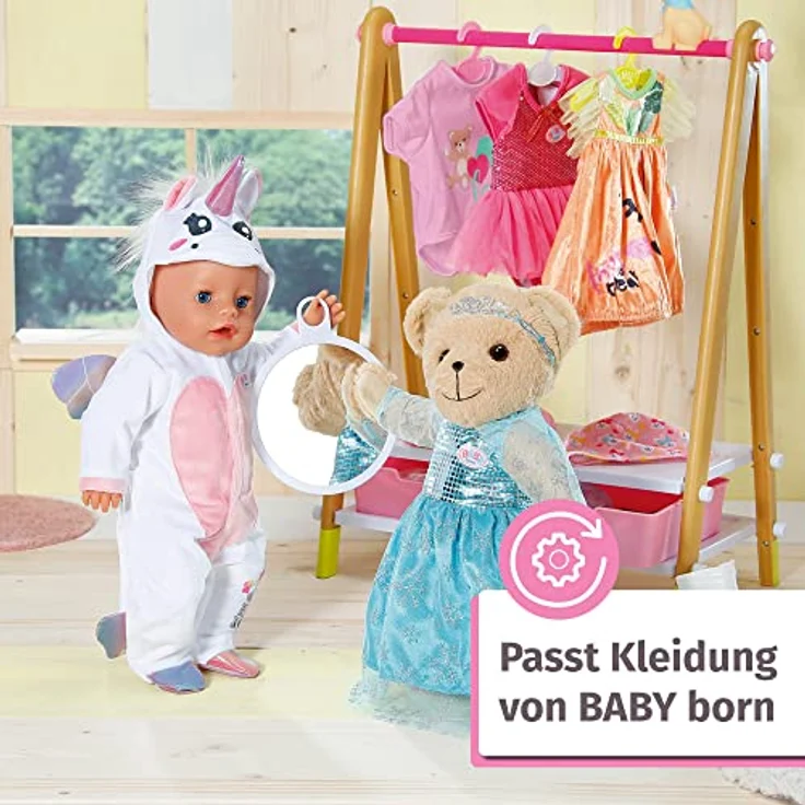 Zapf Creation 835593 BABY born Bär blau mit blauen Strampler- Teddybär Kuscheltier, bewegliche Arme und Beine, drehbarer Kopf, waschbar per Handwäsche, mit Freundschaftsbuch und Stickerbogen. – Bild 4