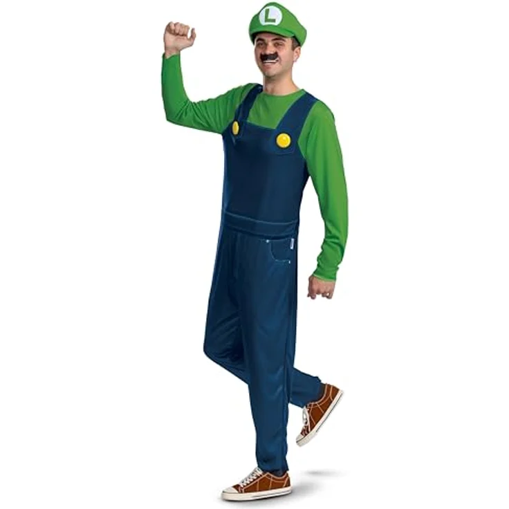 Disguise Luigi Offizielles Super Mario Bro Elevated Classic Kostüm für Erwachsene, Größe S/M, authentischer Stil mit falscher Latzhose und gelben Knöpfen – Bild 1