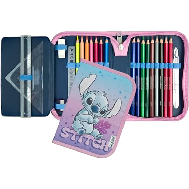 Scooli Gefülltes Schüleretui Stitch, Federmäppchen mit 14 Buntstiften und Zubehör, ergonomisch geformt, ideal für Schule und Freizeit, ab 6 Jahren – Bild 2