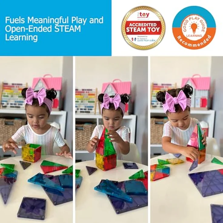 Magna-Tiles 32-teiliges Set Clear Colours mit unterschiedlichen, magnetischen 3D-Bausteinen in klaren Farben, fördert spielerisches Lernen – Bild 4