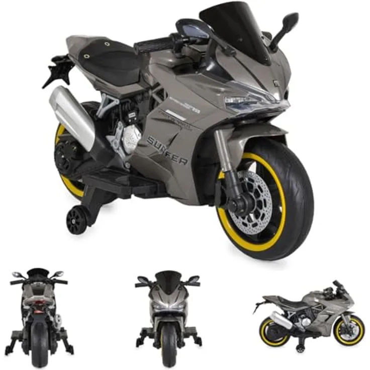Moni Kinder Elektromotorrad Surfer, mit Stützrädern, Fußstütze, Bluetooth und MP3-Ausgang, grau