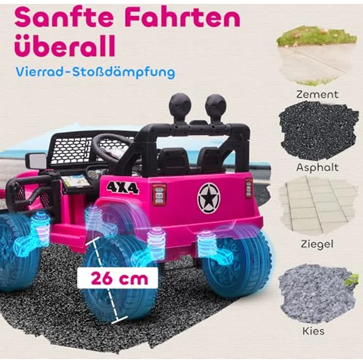 HOMCOM Elektro Kinderauto 12V, 4x4 mit 2x35W Motor, 2,4G Fernbedienung, LED Hupe, Sicherheitsgurt, Stoßdämpfer, rosa, für Kinder von 3-6 Jahren – Bild 5