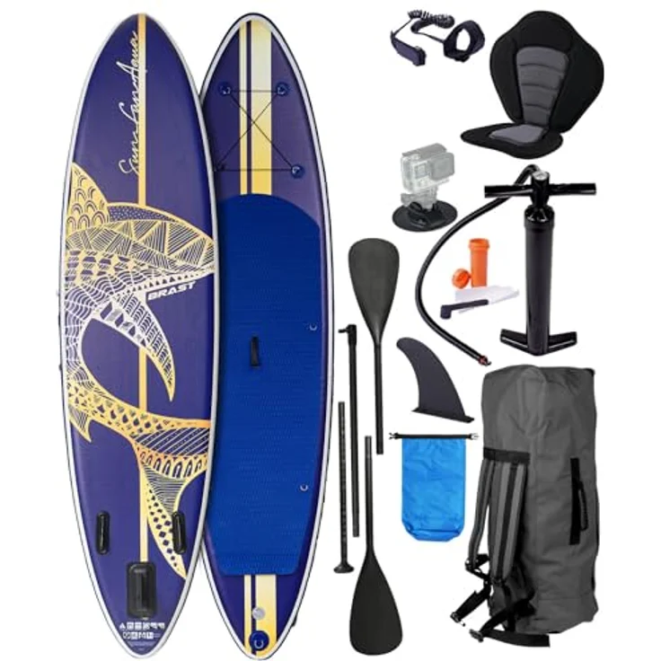 BRAST® SUP Board Shark, Aufblasbares Stand up Paddle Set, 320x81x15cm, 140kg Tragkraft, 8 Designs, 5 Jahre Garantie, inkl. Kajaksitz, 2in1 Paddel, Action-Cam-Halterung, Pumpe, Rucksack – Bild 1