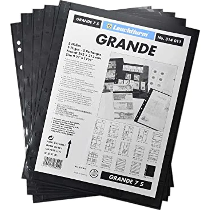 Leuchtturm - Kunststoffhüllen Grande, 7 waagrechte Streifen, schwarz, 5er Pack