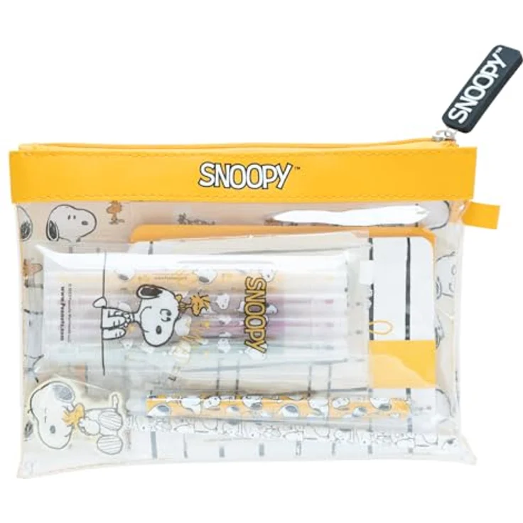 Grupo Erik Peanuts Snoopy Schreibwaren Set, Kugelschreiber mit 3D Snoopy Figur, Bleistift mit Radiergummi, Großes Federmäppchen, 4 Doppelkopf Pastell Textmarker in Dunkel Grün, Hell Grün, Gelb und Rosa, Notizzettel Klebend – Bild 2