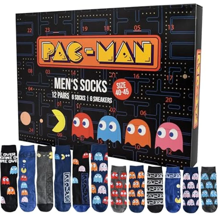 United Labels Pac-Man Adventskalender, 12 Paar Herrensocken Größe 40-45, Sneaker und lange Socken, offizielles Merchandise für Retro-Gaming-Fans – Bild 1