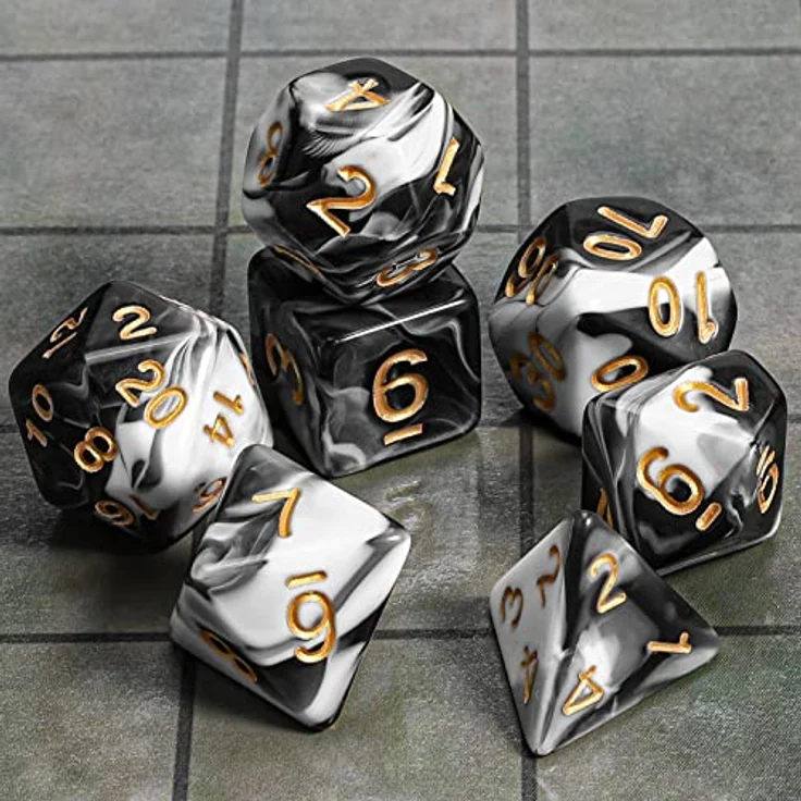 QMAY DND Würfel Set, Polyedrische 7er Würfel für Dungeons and Dragons, Schwarz und Weiß, inkl. Samtbeutel, Acryl, leicht lesbar – Bild 2
