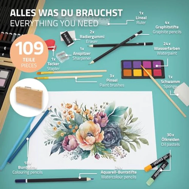 ECD Germany Malkoffer Kreativset 109-teilig, mit Ölpastellkreiden, Buntstiften, Wasserfarben und Zubehör, Holz, braun – Bild 4