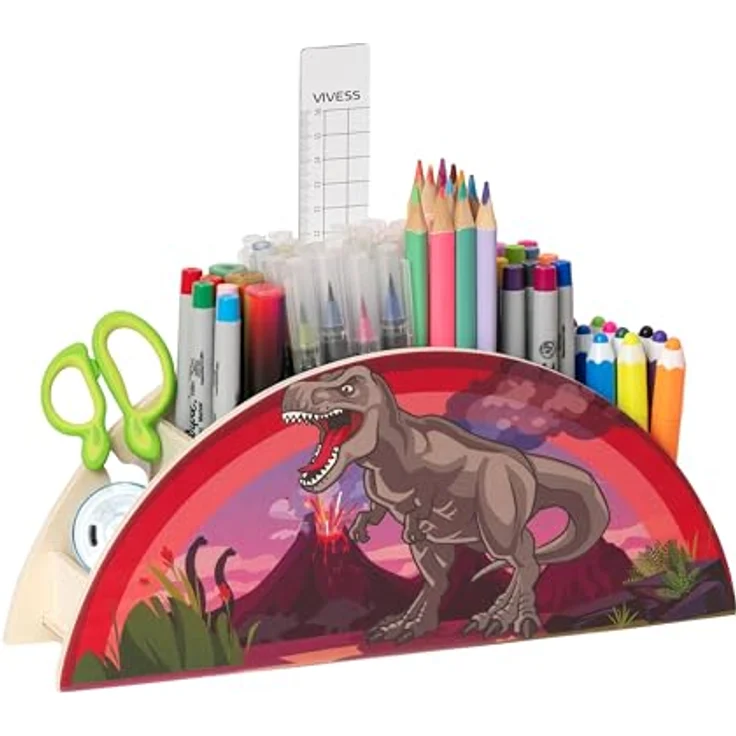 WAGOMA® Stiftehalter Kinder Dinosaurier [5 Fächer] | Robuster Schreibtisch Organizer mit buntem Dino-Motiv | Ideal für Ordnung im Kinderzimmer – Bild 1