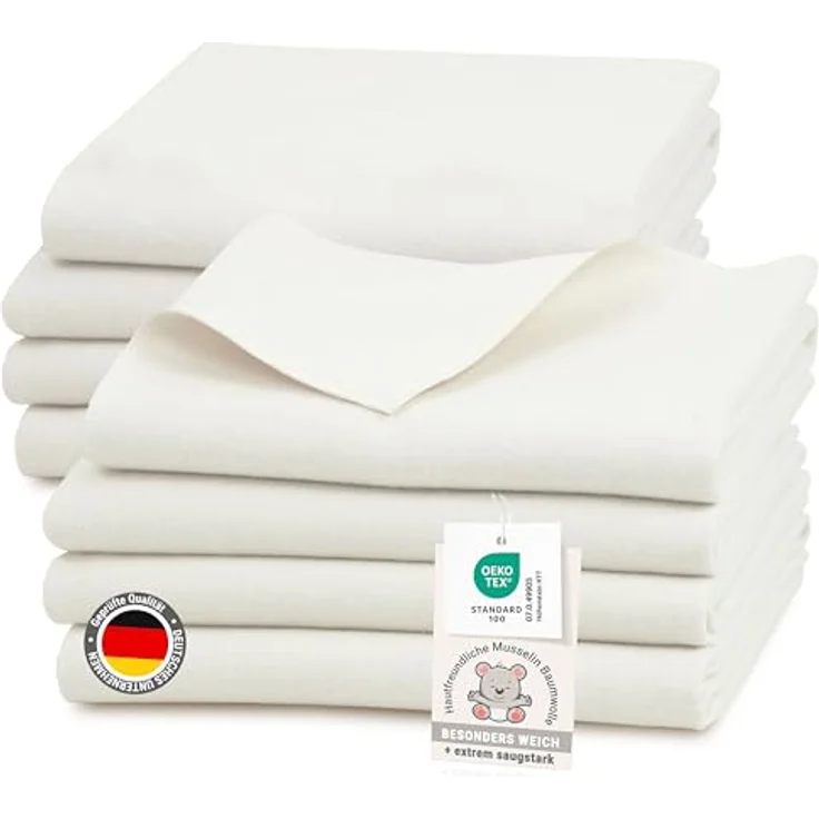 ZOLLNER 8er Set Moltontücher in 80x80 cm aus Baumwolle - saugstarke Wickelunterlage - weich und wärmend - waschbar bis 95°C - naturweiß - Oeko Tex® Zertifiziert – Bild 1