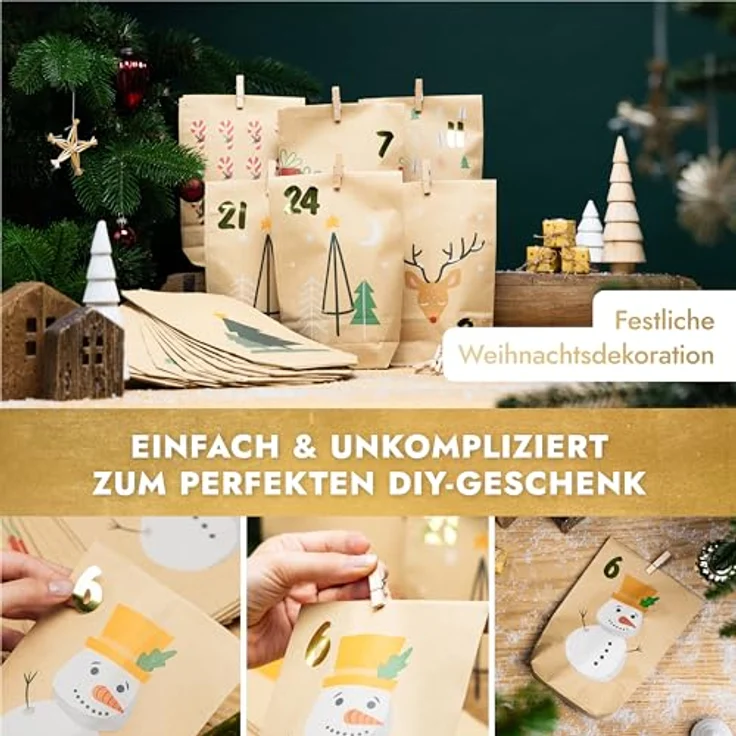 AMARI ® Adventskalender Snowman, DIY Weihnachtsgeschenke Set mit 24 liebevoll gestalteten Tüten – Bild 5