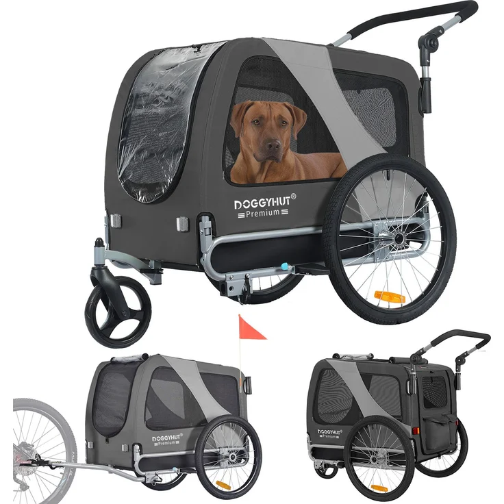 TIGGO Fahrradhundeanhänger DOGGYHUT® Premium LARGE, 2 in 1 als Fahrradanhänger & Jogger, für mittelgroße und große Hunde, grau