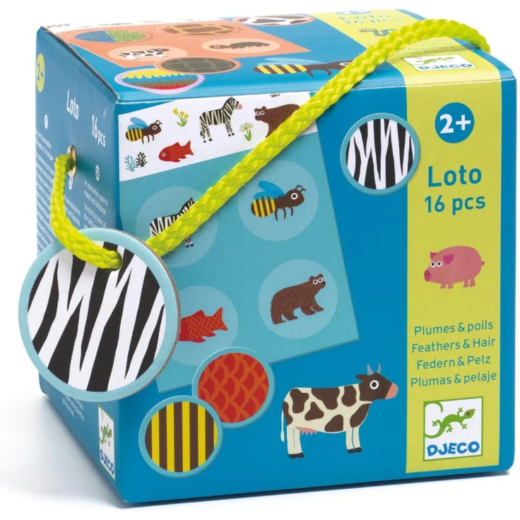 Djeco Bingo Federn & Pelz, Lernspiel für 1-4 Spieler, Gedächtnisspiel mit 4 Spielbrettern und 16 Teilen, ideal für Kinder ab 2 Jahren, FSC®-zertifiziert