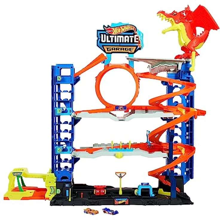HOT WHEELS Ultimative Garage - Mehrere Ebenen, Rennspaß, Stunt-Abenteuer, Drachenkampf, Autowaschanlage, Looping, Spurwechsler, Fahrstuhl, 2 Autos, für Kinder ab 5 Jahren, HKX48 – Bild 1