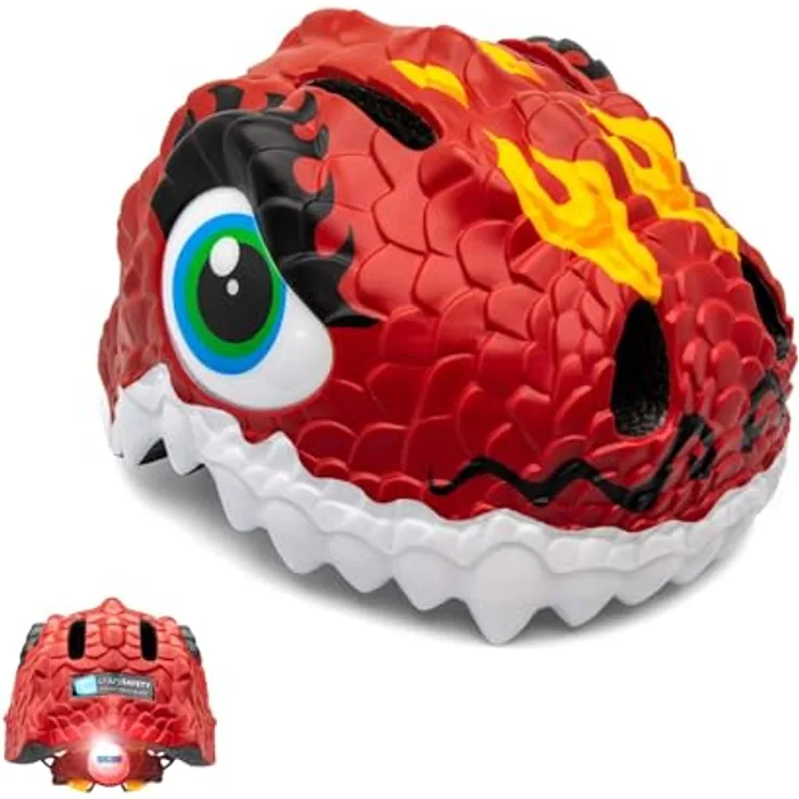 Crazy Safety Rot Drachen Kinder Fahrradhelm | Verstellbar mit LED-Rücklicht, 6 Belüftungsöffnungen, vielseitig einsetzbar 54-59 cm