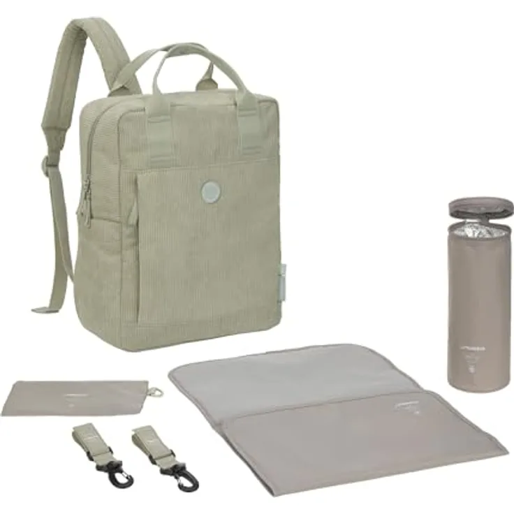 LÄSSIG Vividal Backpack, Baby Wickelrucksack mit Wickelunterlage, Flaschenhalter und Kinderwagenbefestigung, nachhaltig aus recyceltem Polyester, cord light khaki