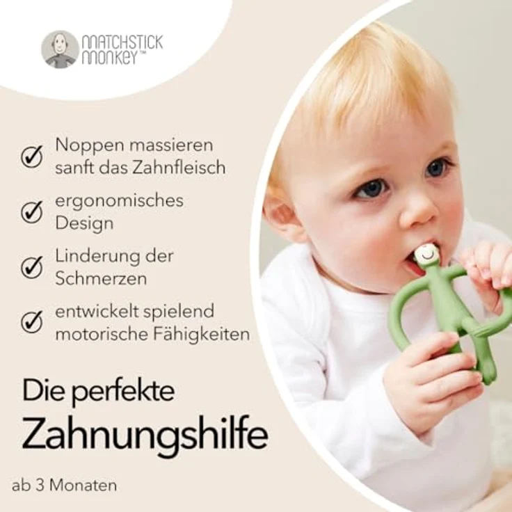 Matchstick Monkey - Beißring Affe Original - Baby Zahnungshilfe, weiche Noppen, 100% Silikon, BPA-frei, ab 3 Monaten (olivgrün) – Bild 3