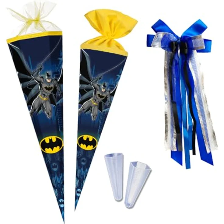 Nestler Schultüten-Set Forever Batman, Handgemachte Zuckertüte aus Karton mit Spitzenschutz und Schleife, 70 cm rund – Bild 1